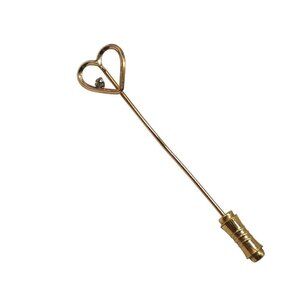 Heart Shaped Gold Tone Stick Pin Brooch With Clear Rhinestone Accent